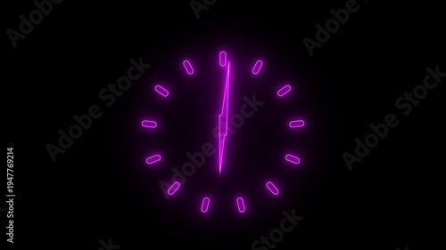 Glowing neon clock icon animation isolated on black background,circle analong watch icon on black backgrouynd,