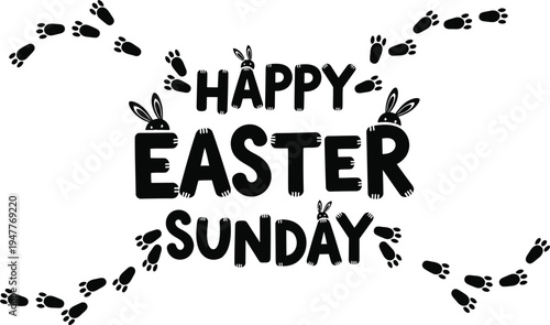 Happy easter sunday greeting with easter bunny footprints