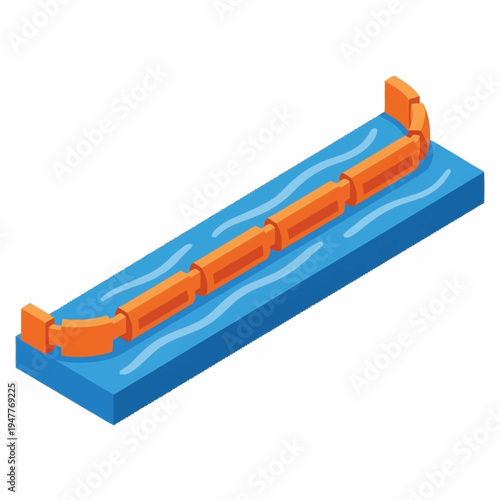 Isometric illustration of a flood barrier system on a blue surface, preventing water flow.