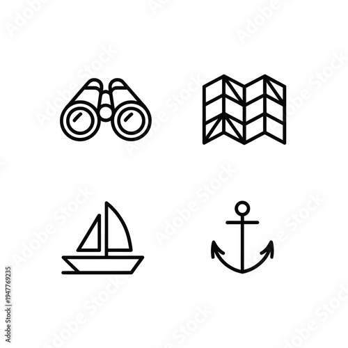Simple line art icons depicting travel and nautical exploration themes