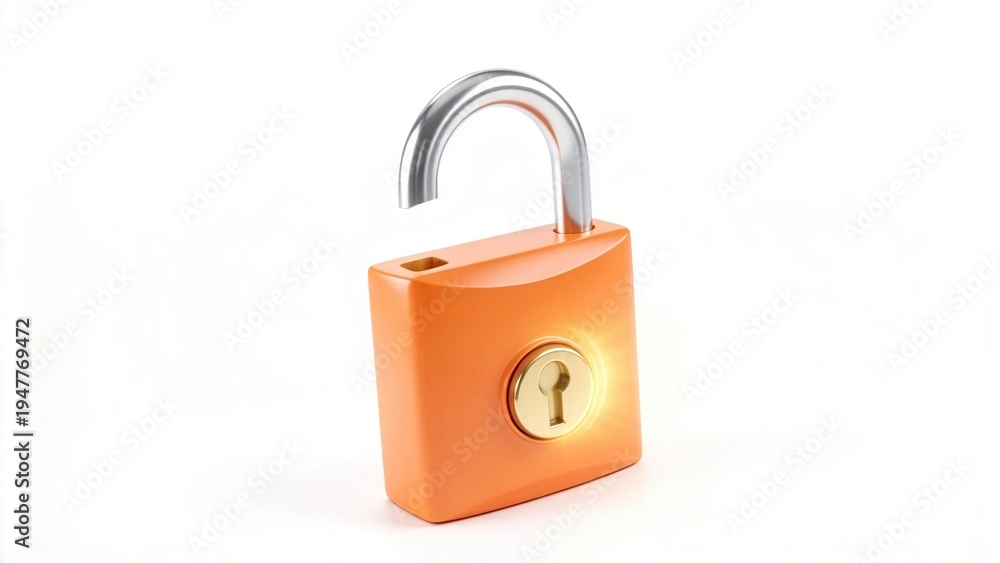 Fototapeta premium Open Orange Padlock with Glowing Keyhole Symbolizing Security Access Protection and Digital Safety on White Background,design,concept,creative,graphic,modern,design,concept
