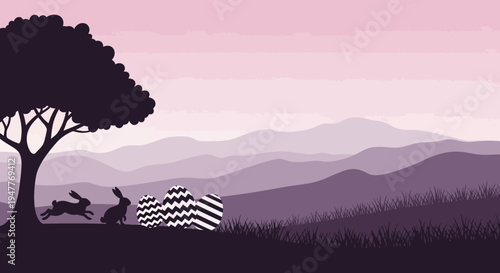 Two rabbits near a striped box, silhouetted against a serene landscape.