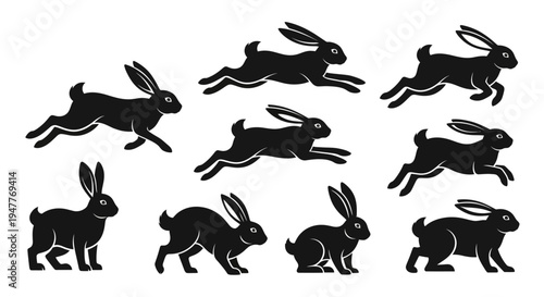 Collection of black rabbit silhouettes in various dynamic poses, showcasing their agility and movement.