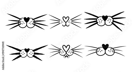 Set of cute hand drawn cat noses with whiskers.