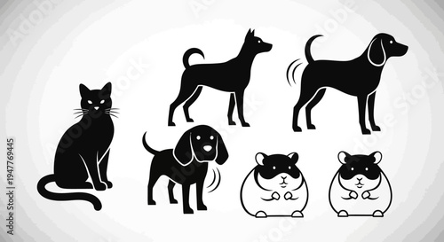 Collection of various pet animal silhouettes including cats, dogs, and hamsters.