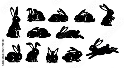 Collection of black rabbit silhouettes in various poses, showcasing different movements and stances of the animal.
