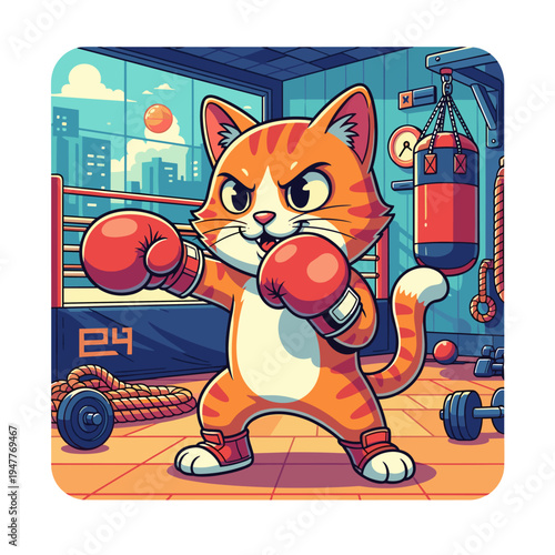 Cute Cartoon Ginger Cat Boxing in the Gym with Red Gloves and Training Equipment Illustration
