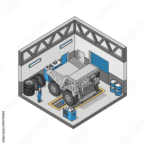 Isometric view of a large mining truck undergoing maintenance in a well-equipped workshop with spare tires and barrels.