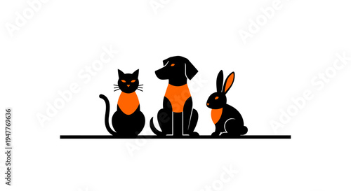 Minimalist illustration of a cat, dog, and rabbit with orange accents.