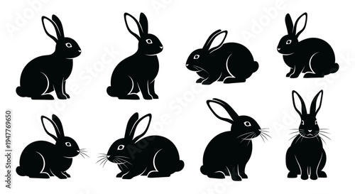 Collection of black rabbit silhouettes in various poses, showcasing their distinct shapes and features.