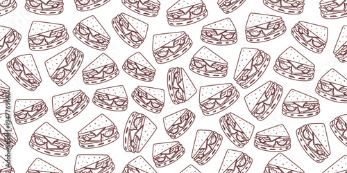 Sandwich sketch seamless pattern. Sandwich doodle pattern background. Seamless sandwich outline pattern background. Hand drawn vector seamless pattern of sandwiches.