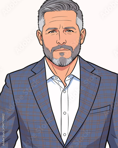 A man stands with a serious look, wearing a suit with a checked pattern. He has a gray beard and short hair. There is a plain background.