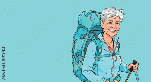 A woman stands with a backpack and hiking poles ready for an outdoor journey in a bright blue background. She smiles warmly.