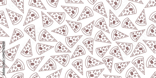 Pizza slice doodle seamless pattern. Pizza doodle pattern background. Seamless pizza outline pattern background. Hand drawn vector seamless pattern of pizza slice doodle.