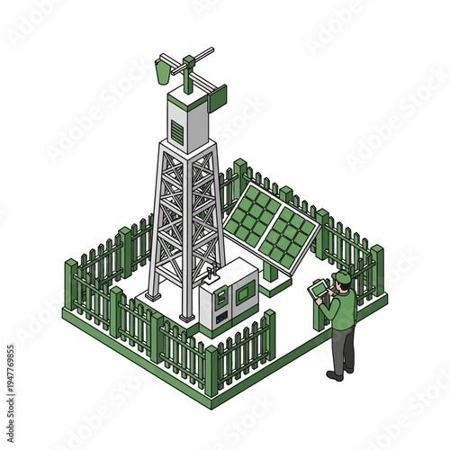 Isometric illustration of a weather station with a person monitoring data on a tablet, featuring a solar panel and generator.