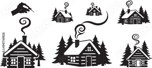 Black and white cabin silhouettes with smoke and trees
