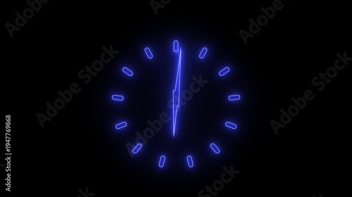 Glowing neon clock icon animation isolated on black background,circle analong watch icon on black backgrouynd,