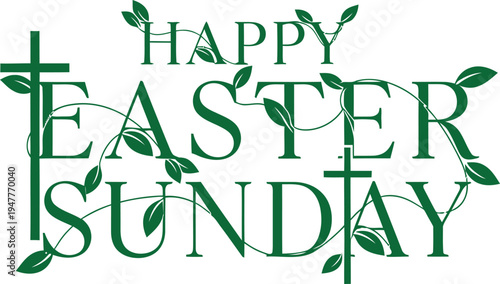 Happy easter sunday greeting with cross and leaves