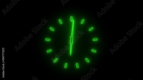 Glowing neon clock icon animation isolated on black background,circle analong watch icon on black backgrouynd,