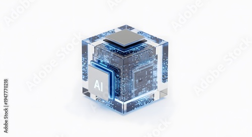 Single 3D icon of a futuristic AI data core cube with floating holographic circuit layers and glowing edges, advanced machine learning concept