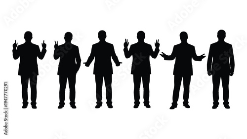 Five black silhouettes of men in different poses
