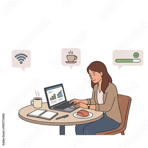Woman works on laptop at table with coffee and snacks in indoor setting