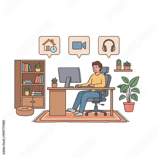 Man works on computer at home office with plants and books nearby
