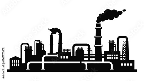 A black silhouette of an industrial factory