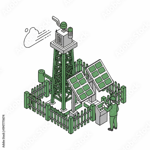 Isometric illustration of a weather observation station with solar panels.