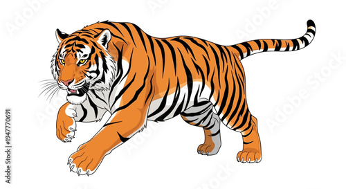 Dynamic digital illustration of a powerful tiger in a determined stride, featuring its vibrant orange and black stripes, embodying strength and agility in the wild