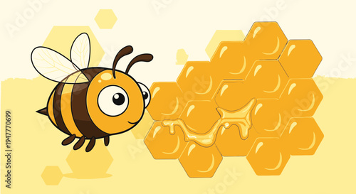 Cartoon bee flying near honeycomb.