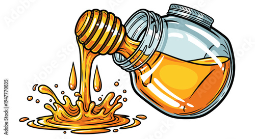 Golden honey pouring from jar.