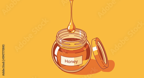 Golden honey pouring into jar.