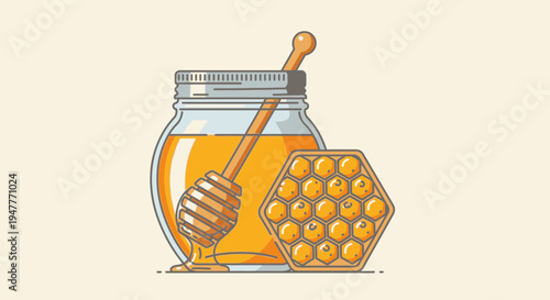 Honey jar with honeycomb and dipper 2.