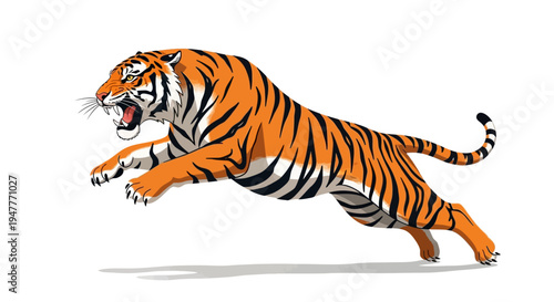 Dynamic and powerful tiger mid-leap, showcasing its vibrant orange and black stripes with a fierce expression, embodying agility, strength, and the wild spirit of a majestic predator in motion