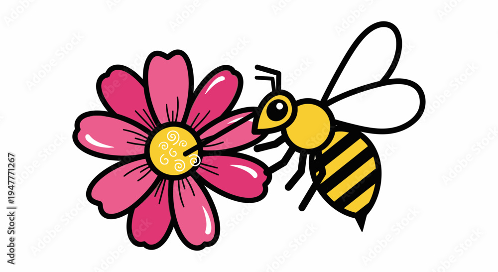 Fototapeta premium Cartoon bee on pink flower.