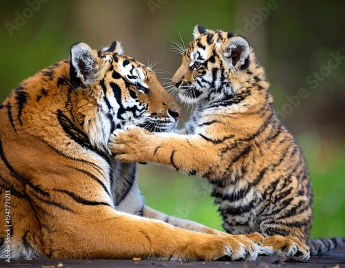 Close-up of a large feline, orange with black stripes, nuzzling a smaller cub. They are interacting lovingly