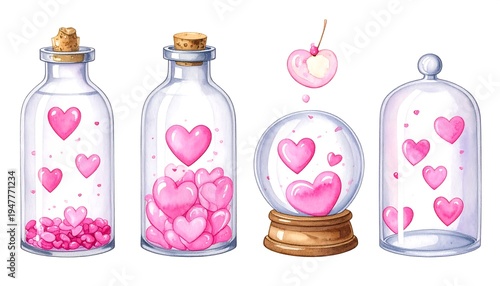 A set of glass containers with hearts