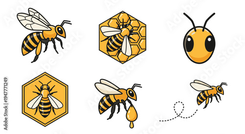 Collection of bees and honeycomb icons.
