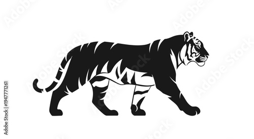 Stylized black and white graphic illustration of a majestic tiger walking. Captures power and grace for modern design