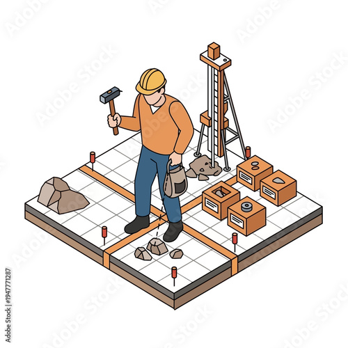 Geotechnical engineer conducting soil testing and analysis on a construction site with drilling equipment and sample boxes.