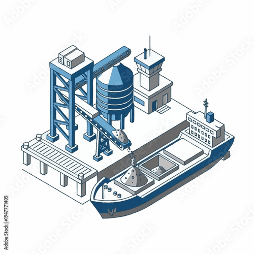 Isometric illustration of a cargo ship being loaded at a port facility.