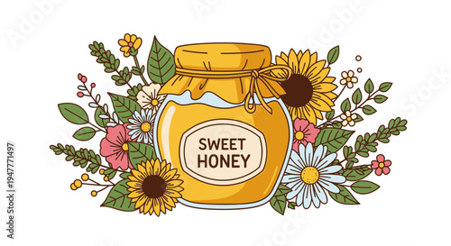 Jar of honey with floral arrangement.