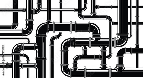 Intricate industrial piping system with interconnected black pipes, bends, joints, and connectors forming complex fluid transport network for plumbing, s