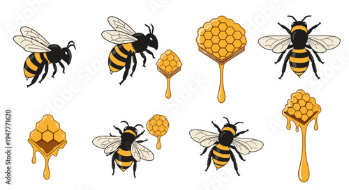 Bees and honeycombs with dripping honey.