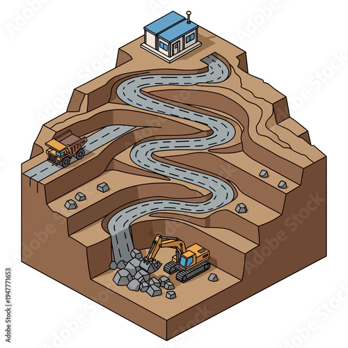 Isometric view of an open-pit mine with a winding road, excavator, dump truck, and a small building.
