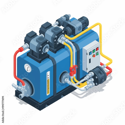 Isometric illustration of an industrial machine with pipes and control panel.
