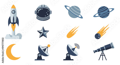 Space icons with rocket and planets.