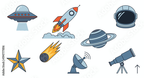 Space icons with rocket and telescope 18.