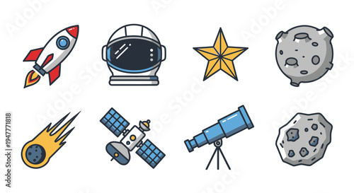 Space icons with rocket and telescope 15.
